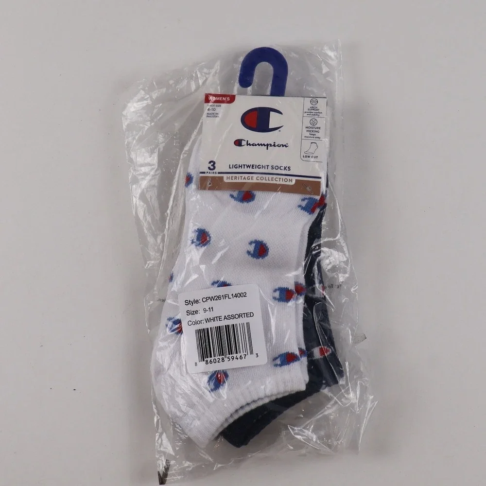 Champion Socks Heritage Collection 3 Pack White Assorted Logo Print 9-11 NWT